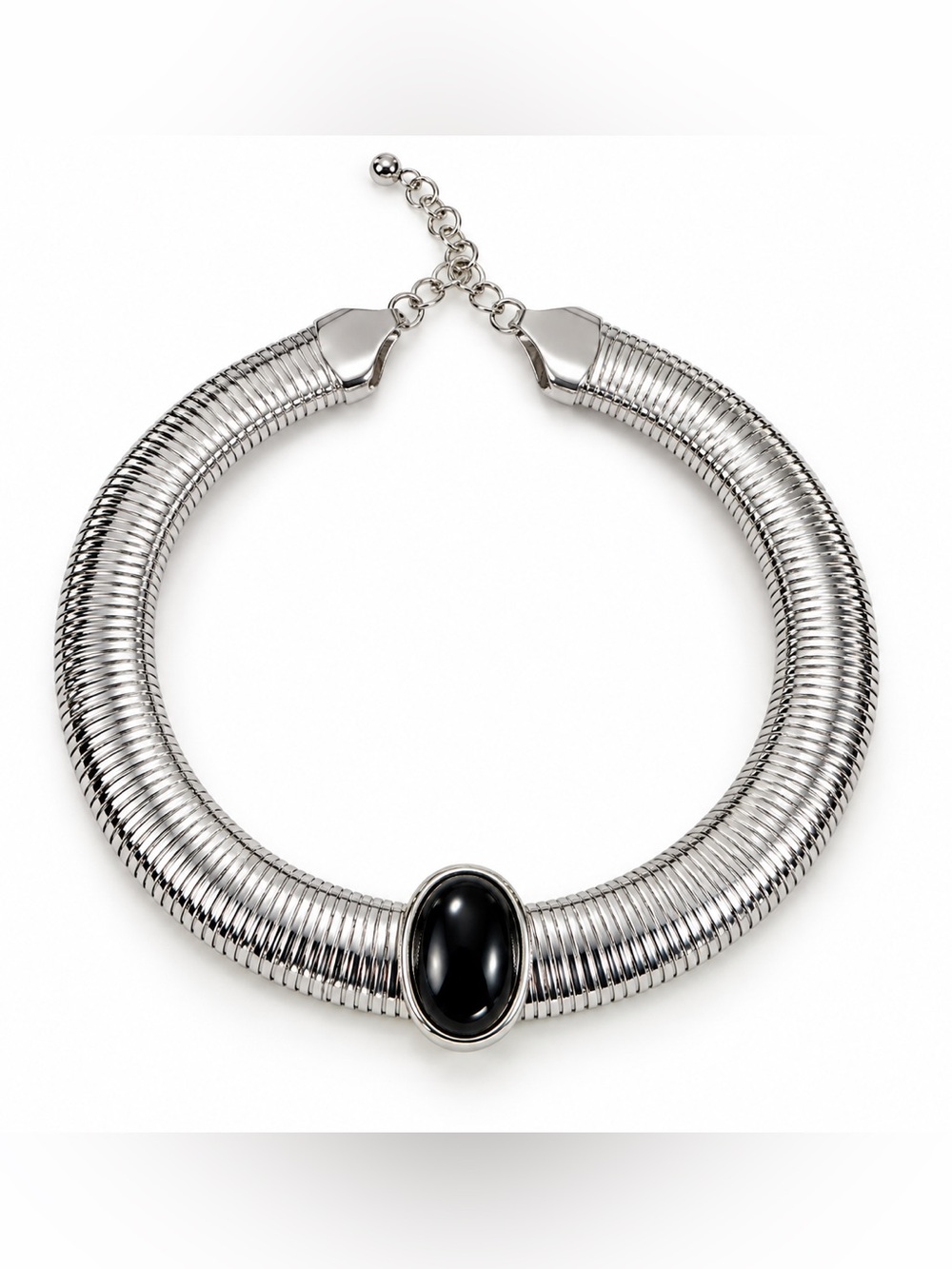 Brand New Silver Tone Ribbed Collar Necklace Black Oval Statement Pendant